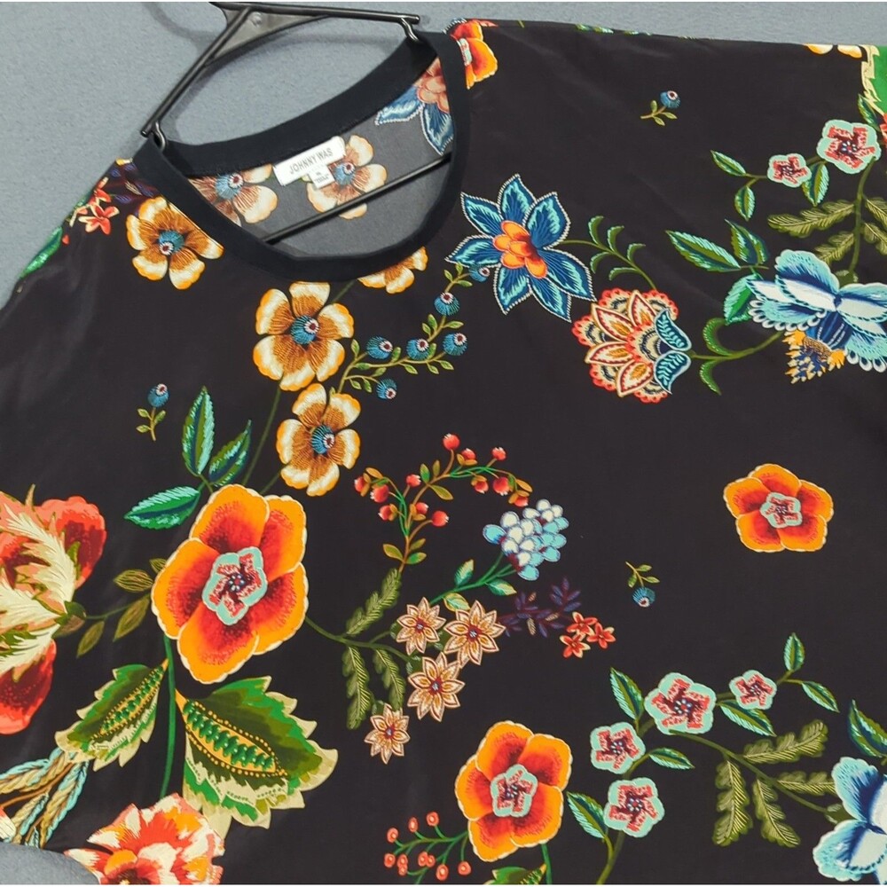 Johnny Was Shirt Women's XL Black Silk Floral Print Short Sleeve Boho